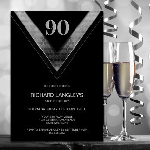 Modern Black Silver 90th Birthday Party Invitation