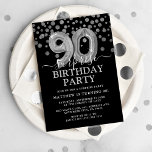 Modern Black & Silver 90th Surprise Birthday Party Invitation<br><div class="desc">Modern black and silver surprise birthday party invitation for someone turning ninety! Featuring a black background,  faux silver glitter confetti,  silver 90th birthday balloons and an elegant birthday template that is easy to customise.</div>