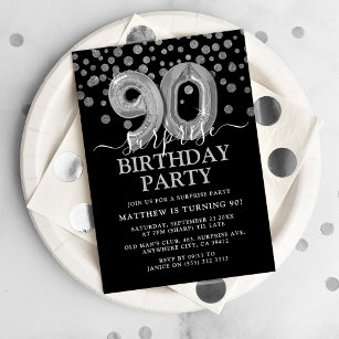 Modern Black & Silver 90th Surprise Birthday Party Invitation