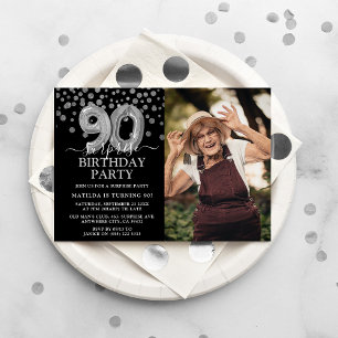 Modern Black & Silver 90th Surprise Birthday Photo Invitation