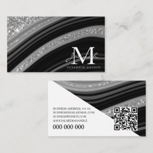 Modern Black Silver Abstract Wave Interior Design Business Card