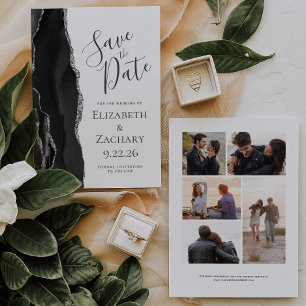 Modern Black Silver Agate 5-Photo Save the Date