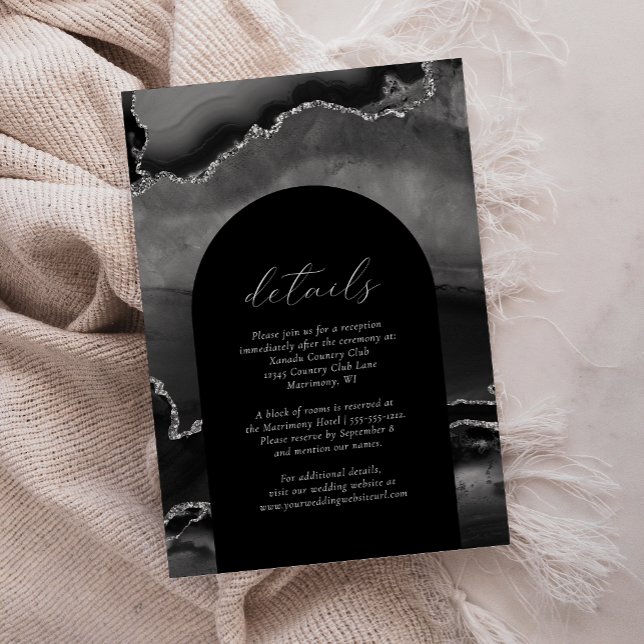 Modern Black Silver Agate Arch Wedding Details Enclosure Card (Creator Uploaded)