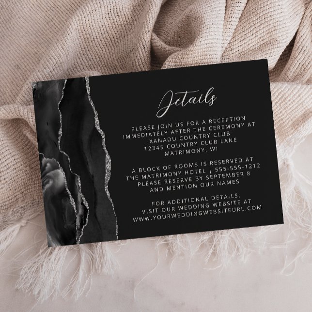 Modern Black Silver Agate Dark Wedding Details Enclosure Card (Creator Uploaded)