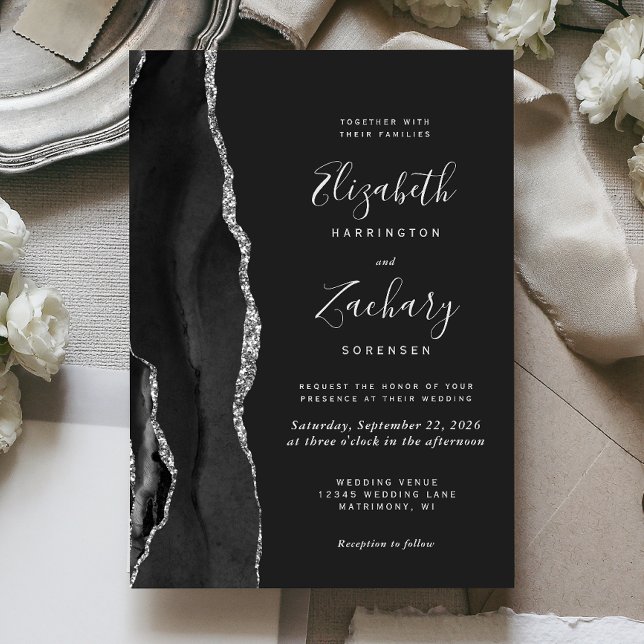 Modern Black Silver Agate Dark Wedding Invitation (Creator Uploaded)