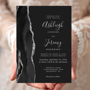 Modern Black Silver Agate Dark Wedding Invitation