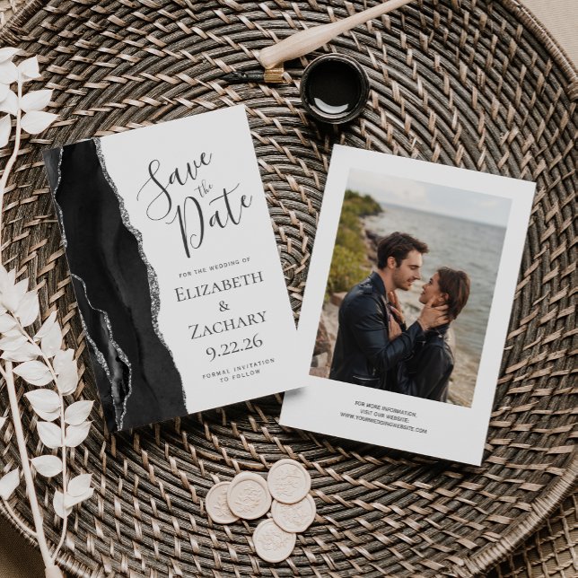 Modern Black Silver Agate Photo Save the Date (Creator Uploaded)