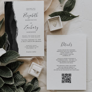 Modern Black Silver Agate QR Code Wedding Invitation