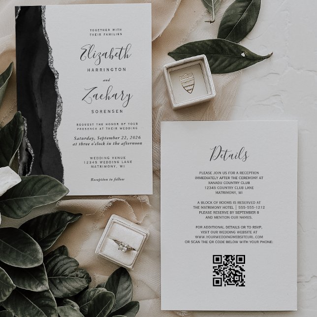 Modern Black Silver Agate QR Code Wedding Invitation (Creator Uploaded)