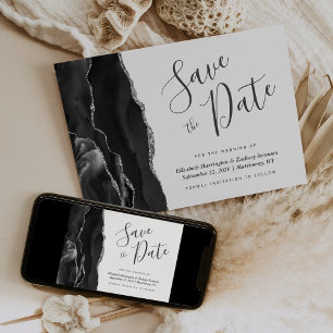 Modern Black Silver Agate Save the Date Card