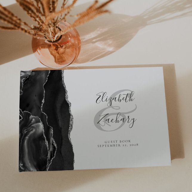 Modern Black Silver Agate Script Guest Book (Creator Uploaded)