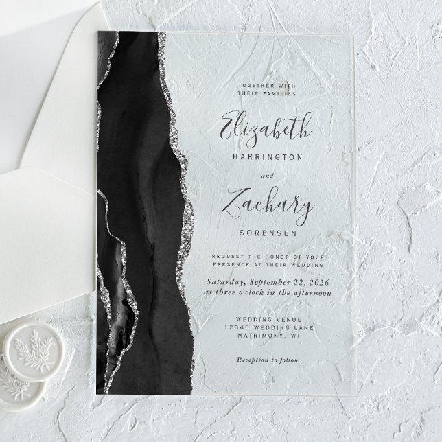 Modern Black Silver Agate Wedding Acrylic Invitations (Creator Uploaded)