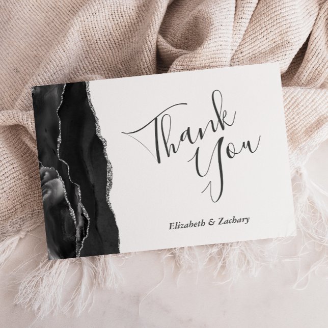 Modern Black Silver Agate Wedding Flat Thank You Card (Creator Uploaded)