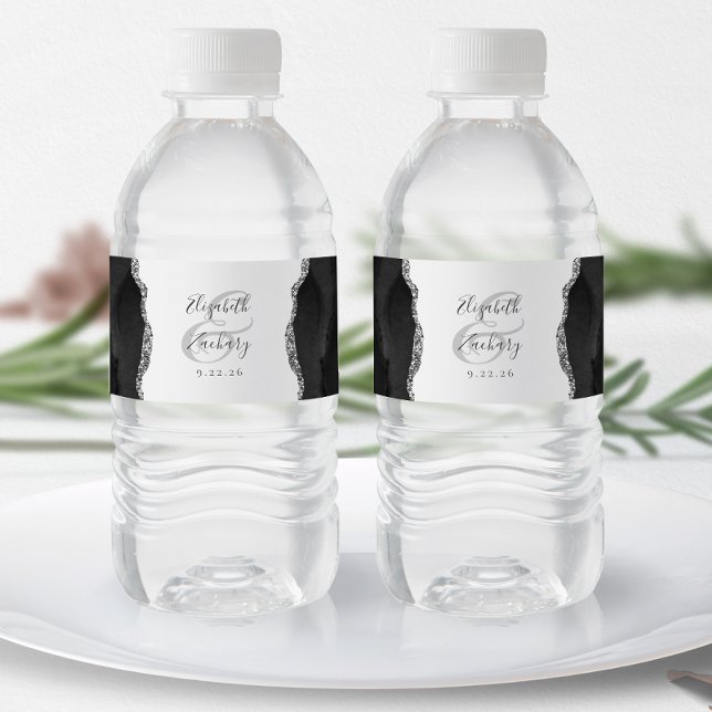 Modern Black Silver Agate Wedding Water Bottle Label (Creator Uploaded)
