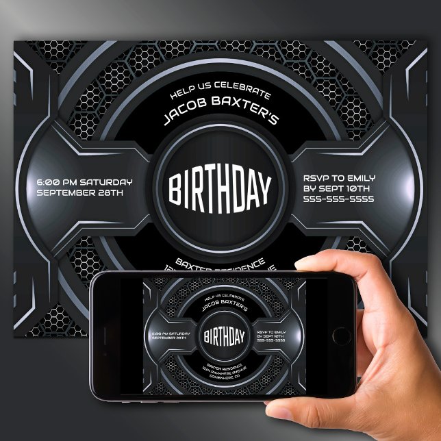 Modern Black Silver Any Age Birthday Party Invitation (Creator Uploaded)