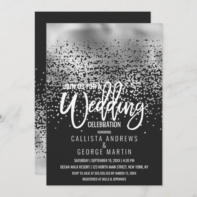 Modern Black Silver Foil Confetti Ombre Wedding Invitation (Front/Back)