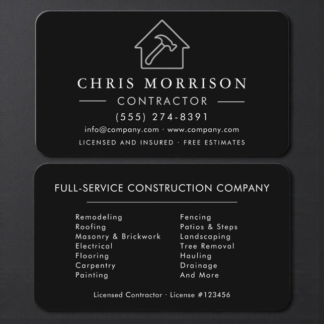 Modern Black Silver General Contractor Business Card (Creator Uploaded)
