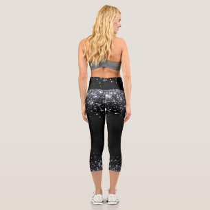 Modern Black & Silver Glitter Capri Leggings