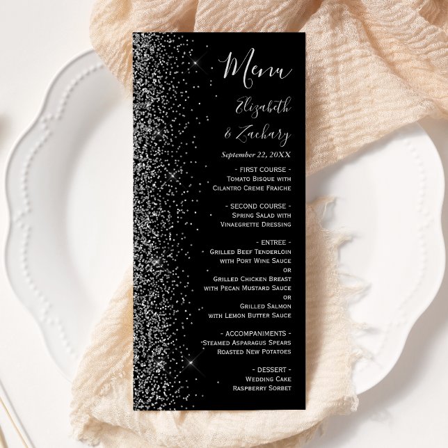 Modern Black Silver Glitter Edge Wedding Menu (Creator Uploaded)