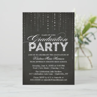 Modern Black & Silver Glitter Graduation Party Invitation