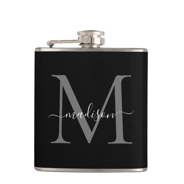 Modern Black Silver Grey Monogram Script Name Hip Flask (Front)
