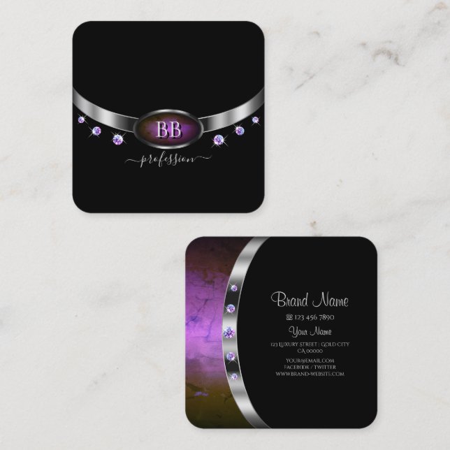 Modern Black Silver Purple with Monogram Diamonds Square Business Card (Front/Back)