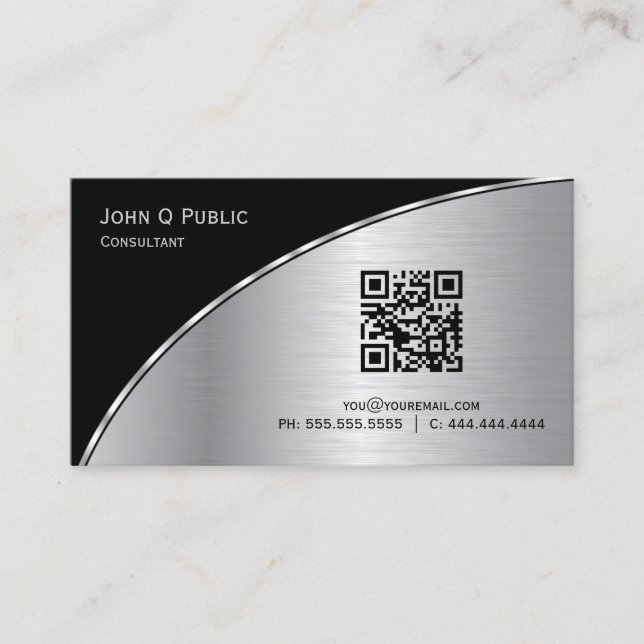 Modern Black Silver QR Elegant Professional Business Card (Front)