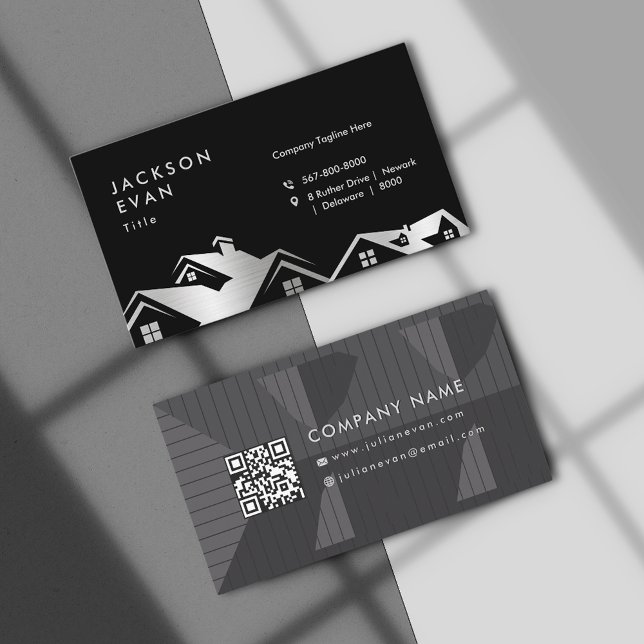 Modern Black & Silver Roofing Construction Repair Business Card (Modern Black & Silver Roofing Construction Repair Business Card)
