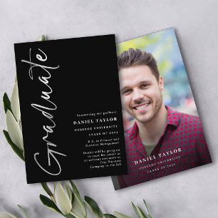 Modern Black Silver Script Graduation Announcement