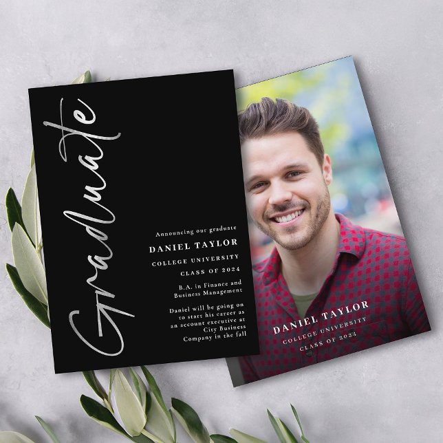 Modern Black Silver Script Graduation Announcement (Creator Uploaded)