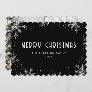 Modern Black Silver Snowflake Photo Christmas Card