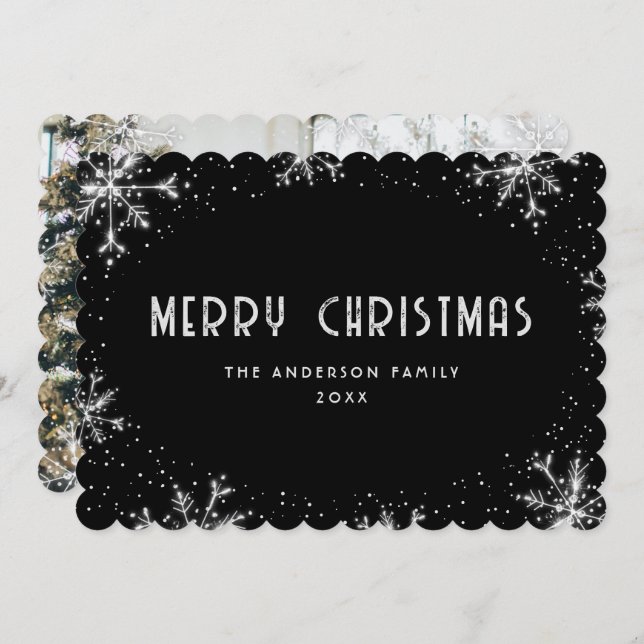 Modern Black Silver Snowflake Photo Christmas Card (Front/Back)