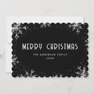 Modern Black Silver Snowflake Snow Christmas Card
