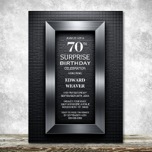 Modern Black Silver Surprise 70th Birthday Party Invitation