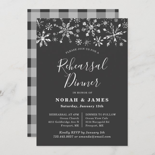 Modern Black Silver Winter Rehearsal Dinner Invitation (Front/Back)