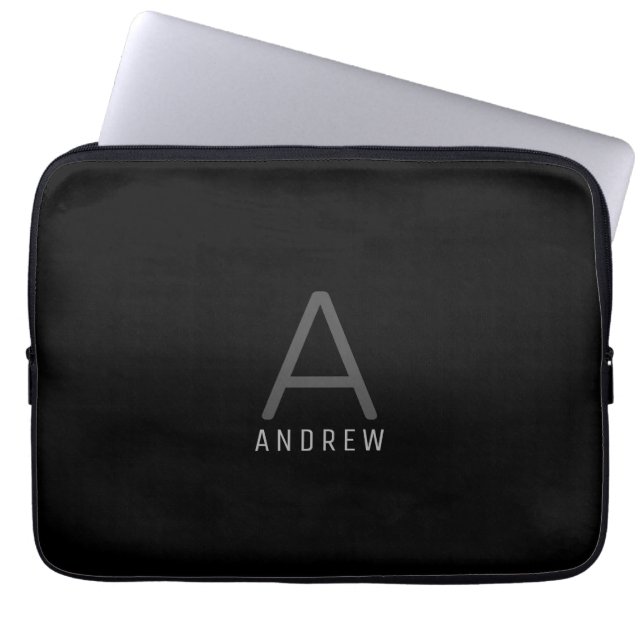 Modern Black Simple Monogram Initial Name Laptop Sleeve (Front)