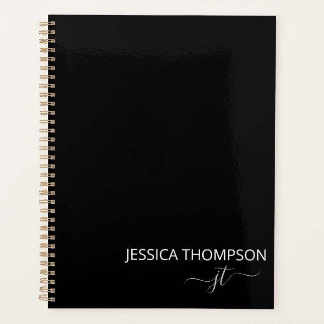Modern Black Simple Script Girly Monogram 2026 Planner (Front)