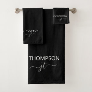 Modern Black Simple Script Girly Monogram Name  Bath Towel Set