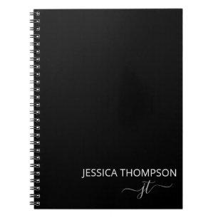 Modern Black Simple Script Girly Monogram Name Notebook