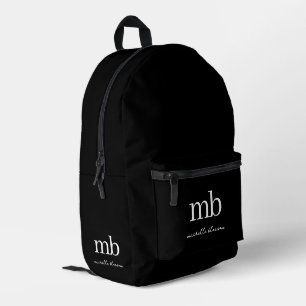 Modern Black Simple Trendy Script Initial Monogram Printed Backpack