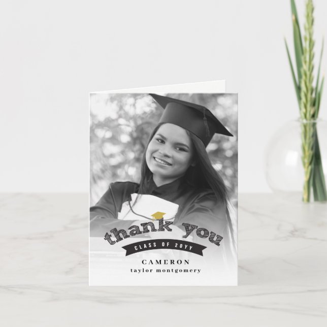 Modern Black Sketch Graduation Cap Photo Graduate Thank You Card (Front)