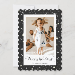 Modern Black Snow Stars Photo Happy Holidays Card