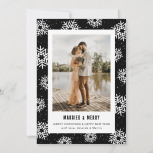 Modern Black Snowflake Photo Newlywed Holiday Card
