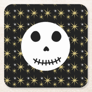 Modern Black Spooky Halloween Skull  Square Paper Coaster