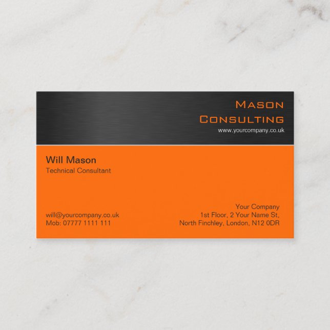 Modern Black Steel and Orange Business Card (Front)