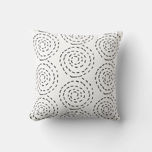 Modern Black Stitched Spiral on White Throw Pillow (Front)