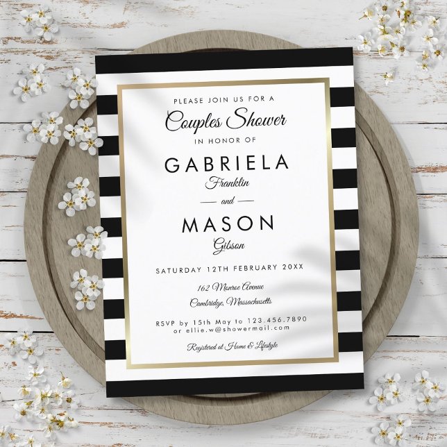 Modern Black Stripe Gold Couples Shower Invitation Postcard (Modern Black Stripe Gold Couples Shower Invitation Postcard)