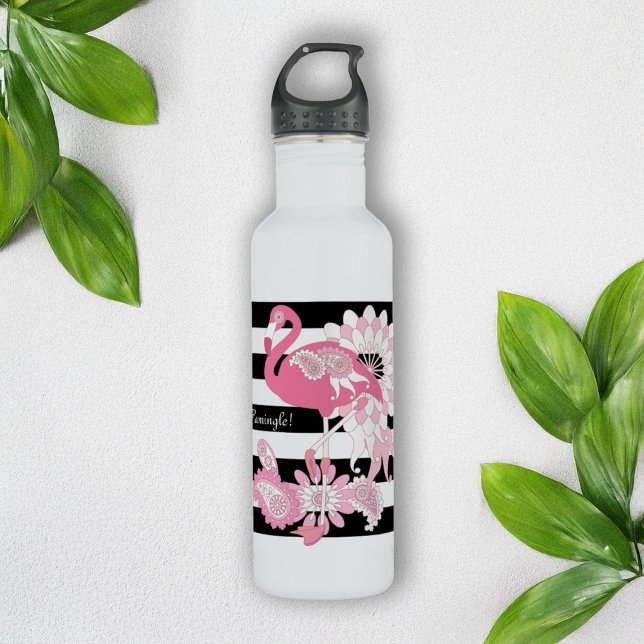 Modern Black Stripe Paisley Pink Flamingo 710 Ml Water Bottle (Creator Uploaded)
