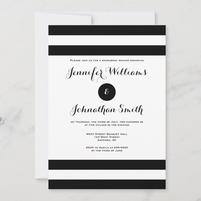 Modern black stripe rehearsal dinner invitations (Front)