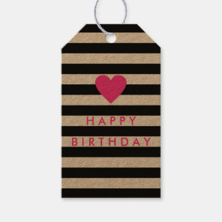 Modern Black Stripe with Pink Heart Birthday Gift Tags